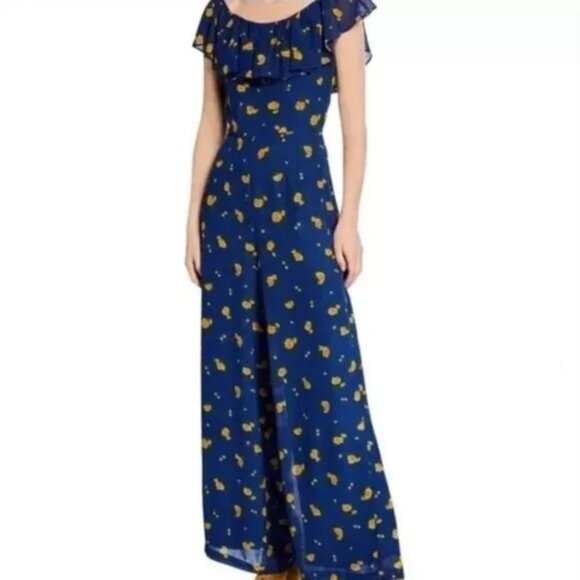 Betsy Johnson Blue Floral Ruffle Off-Shoulder Jumpsuit Wide Leg Size 2P